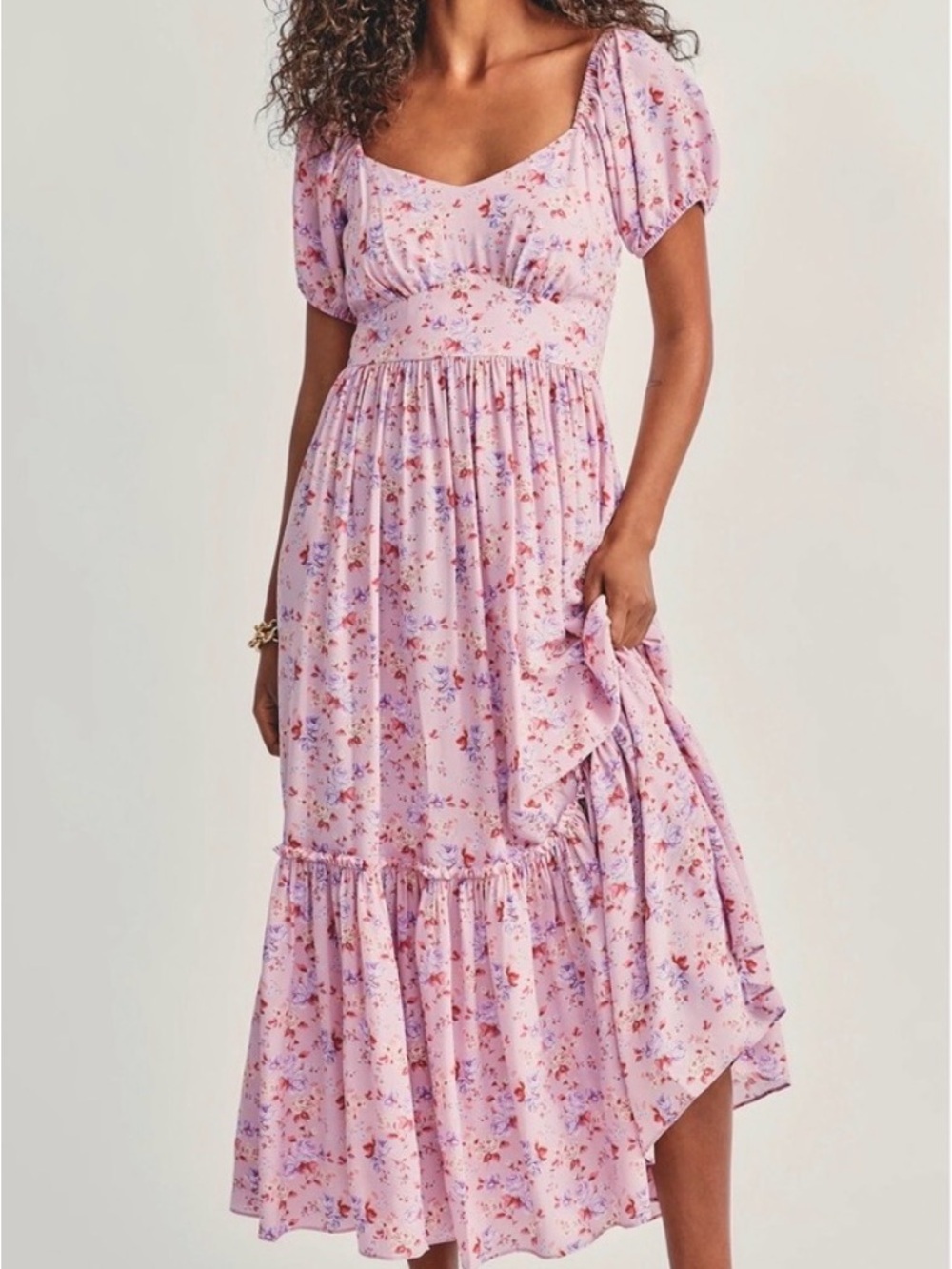 Loveshackfancy 100% Silk Angie Pink Floral Puff-Sleeve Midi Dress